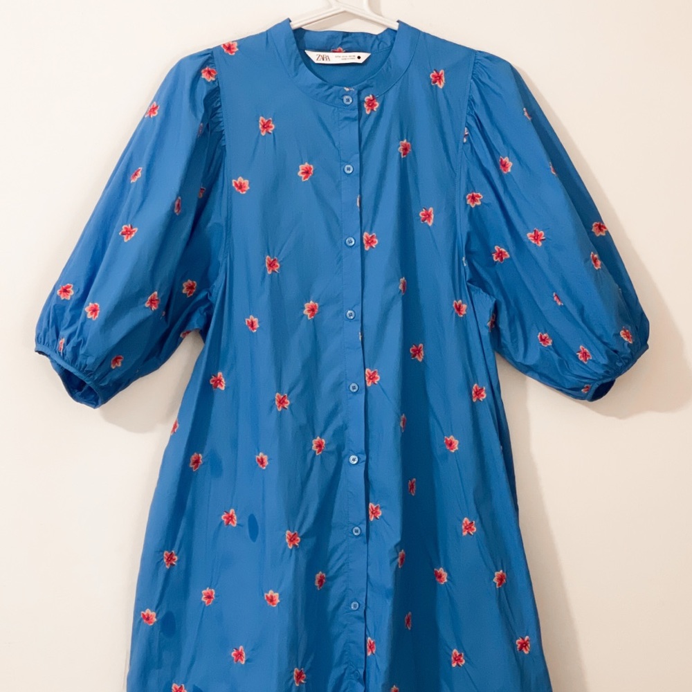 Zara Bright Blue w/ Flowers Maxi Dress Size M